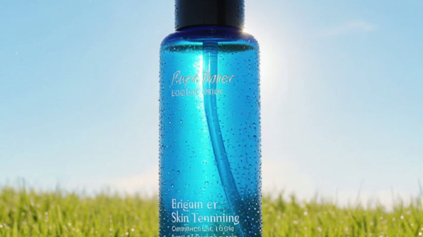 초록잔디 위에 놓인 햇살을 담은 스킨병